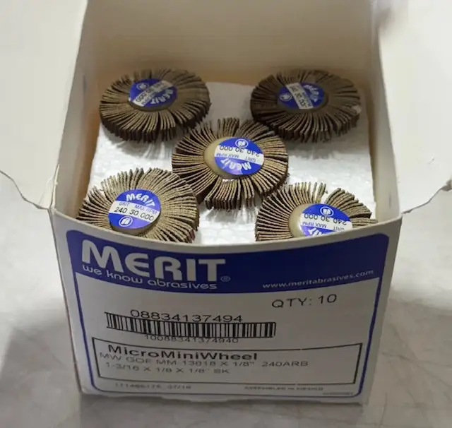 Merit 1-3/16" x 1/8" x 1/8" Micro Mini Flap Wheel 240 Grit Aluminum Oxide 10 Pack