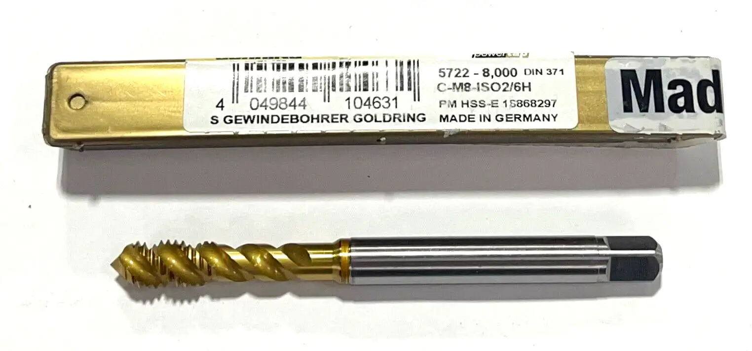 Guhring M8 x 1.25mm Tap HSS-E-PM Spiral Flute Semi-Bottoming Gold Ring D5 3FL