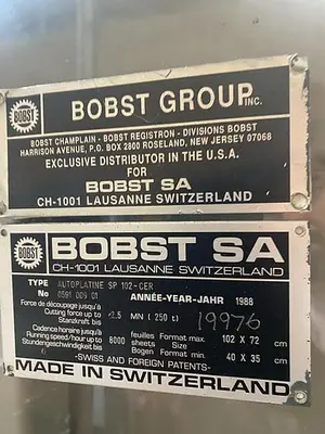 USED 1988 BOBST AUTOPLATINE SP102-CER DIE CUTTER W/ BLANKING