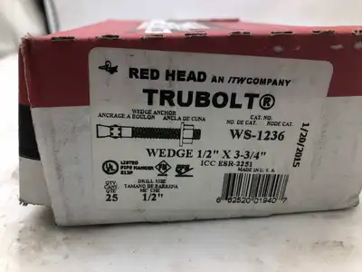 Red Head TRUBOLT WS-1236 1/2″ X 3-3/4″ Wedge Anchor -NIB of 25