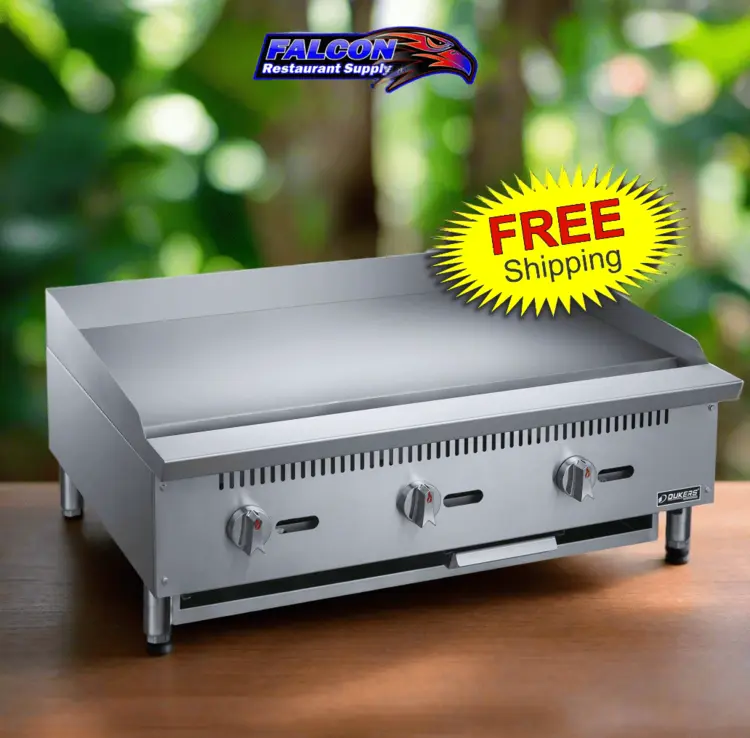 New | in-Stock Dukers New Dukers DCGMA36 36 in. W Flat Top Griddle with 3 Burners Commercial Flat Top Griddles Illinois US | Falcon Restaurant Supply #1376300