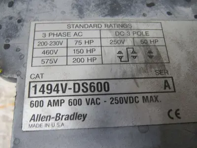Allen Bradley Ser A 600A 600VAC 250VDC MAX 3Ph Disconnect Switch