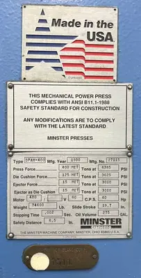 USED 1990 MINSTER MINSTER DPAH-400-19 PRESS