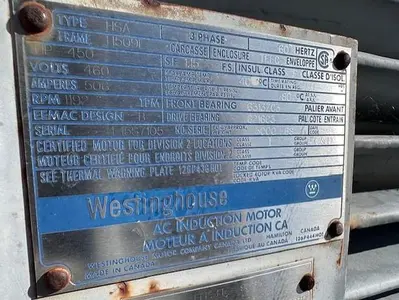 Westinghouse 450 HP Electric Motor, 1192 RPM, 460 Volt Motor SN 115S7105