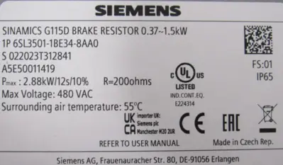NEW SIEMENS 6SL3501-1BE34-8AA0 BRAKE RESISTOR 6SL35011BE348AA0