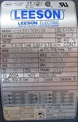 USED LEESON G140603.00 MOTOR 7.5HP 208-230/460V 1760RPM C213T17FB11B