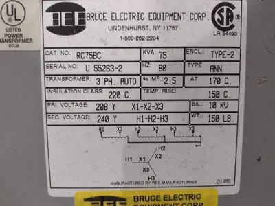 75 KVA 280Y <--> 240Y BRUCE ELECTRIC 3 PHASE TRANSFORMER: STOCK #20199