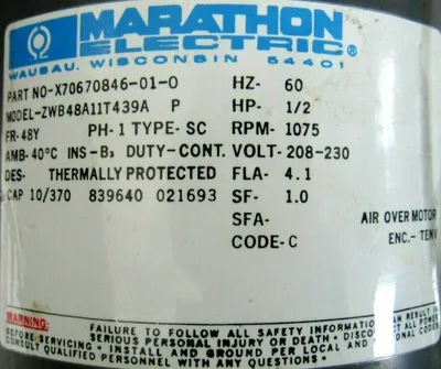 NEW MARATHON X70670846-01-0 MOTOR .5HP 208-230V RPM 1075 ZWB48A11T439A 48A11T439
