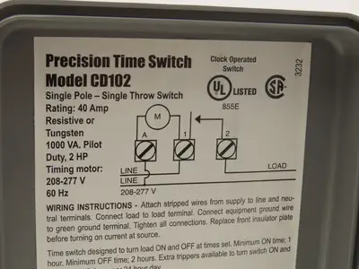 Precision CD 102 24 Hour Time Switch 40A Single Pole Single Throw 208V 60Hz 2Hp