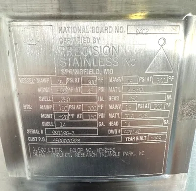PRECISION STAINLESS EQUIPMENT 1500 Liter Sanitary Stainless Steel Reactor / Fermenter REACTORS | EcReCon Inc (5)
