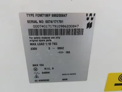 Electrolux FOM71MP Commercial Laboratory Washer 3Ph 230V 50 Liter Wascator Simar