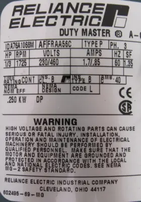 NEW RELIANCE ELECTRIC A76A1068B MOTOR 1/3HP 230/460V 5/8" DIA.