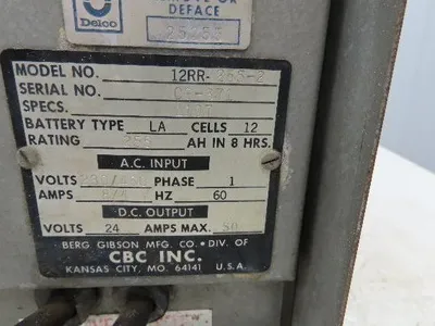 Chloride 12RR-255-2 Lift Truck Charger 24V 255AH LA 12 Cell Battery 230/460V