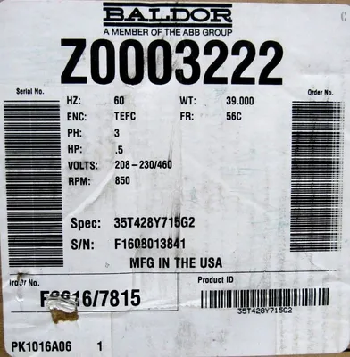 NEW BALDOR 35T428Y715G2 MOTOR 3 PH .5 HP 208-230/460V 850 RPM Z0003222