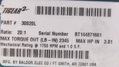 NEW BALDOR 30S20L GEAR REDUCER 20:1