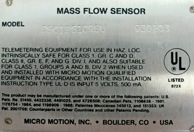 NEW MICRO MOTION DS012S109SU MASS FLOW SENSOR