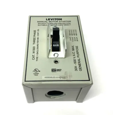 USED LEVITON THREE-POLE AC MANUAL MOTOR CONTROLLER 30A 600V 3-PHASE