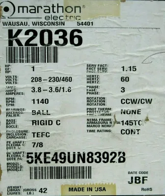 NEW MARATHON 5KE49UN8392B MOTOR 208-230/460V 3PH 1HP 1140 RPM K2036
