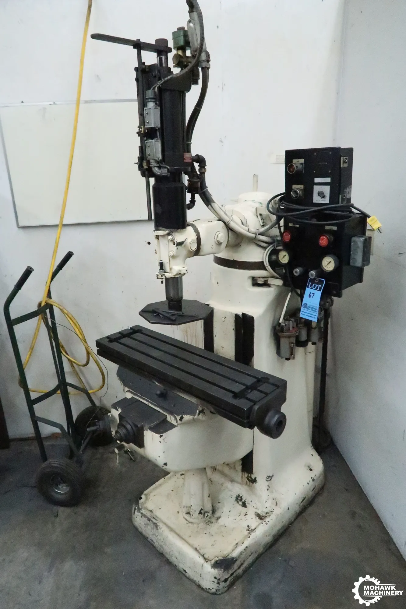 BRM BRIDGEPORT ROUND OVERARM VERTICAL MILL BASE w/SCHRADER BELLOWS PNEUMATIC ROTATING LAPPING HEAD