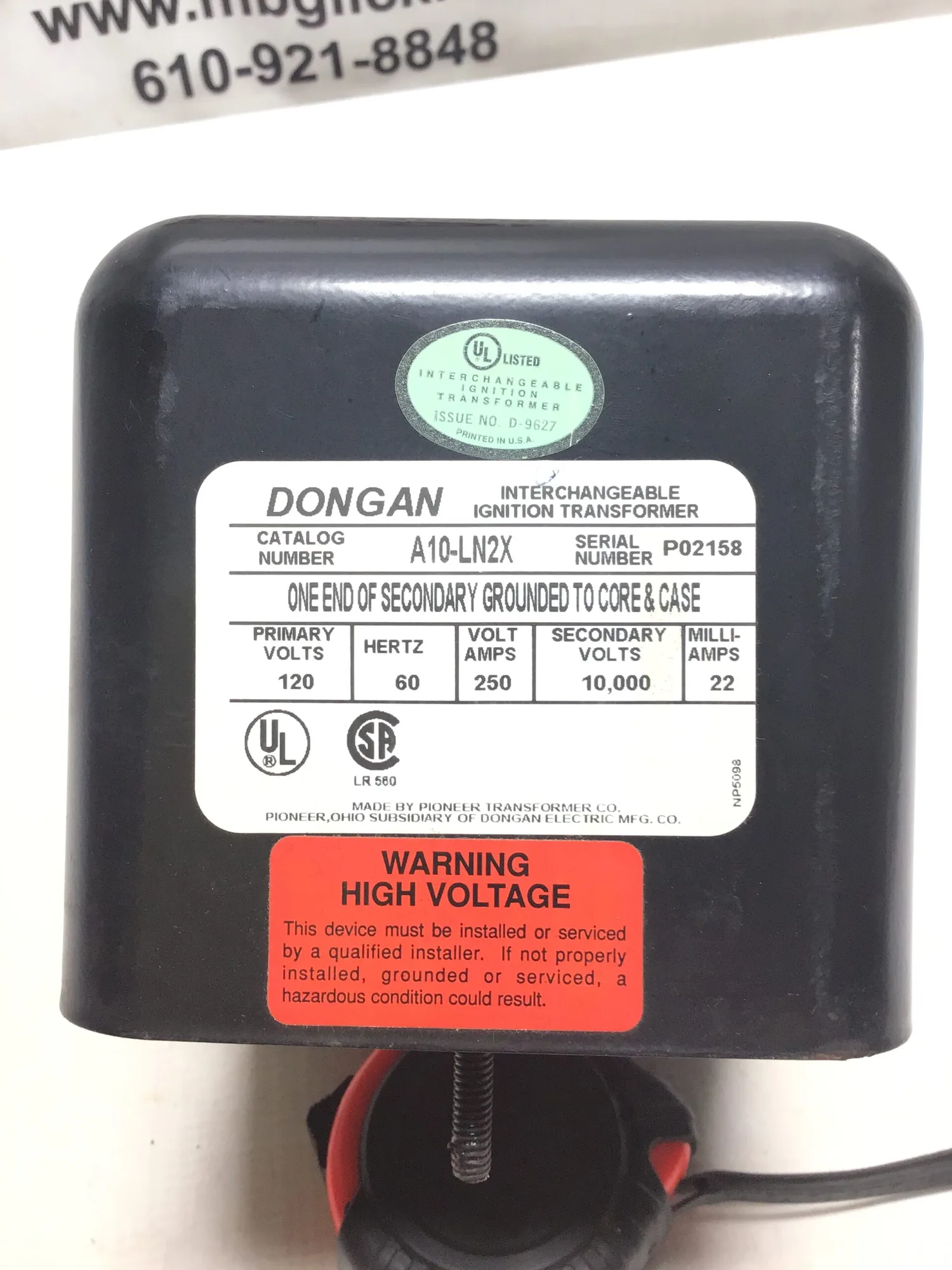 Dongan A10-LN2X Interchangeable Ignition Transformer 120V 60Hz 250 Volt Amps
