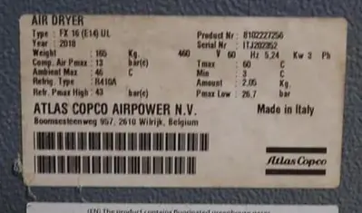 Used ATLAS COPCO FX16 Refrigerated Air Compressor Dryers Pennsylvania US | Global Equipment International, LLC #927483