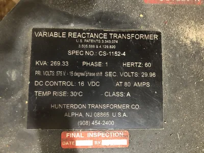 Hunterdon CS-1152-4 269 KVA Variable Reactance Transformer