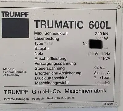 USED 1999 TRUMPF TRUMATIC 600L-1300