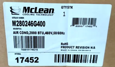 NEW McLEAN M280246G400 AIR CONDITIONER 2000BTU 460V 50/60HZ