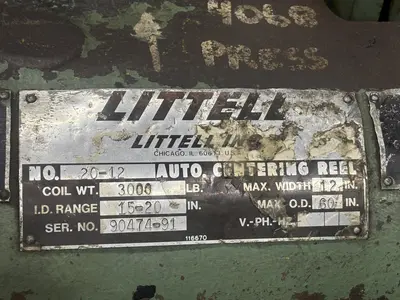 3,000 LBS X 12" LITTELL MODEL #20-12 DOUBLE END PULL OFF UNCOILER COIL REEL: STOCK #23705