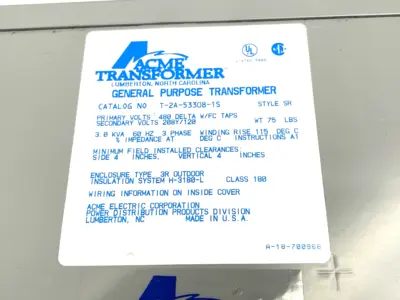 USED ACME ELECTRIC GEN. PURPOSE TRANSFORMER, ECAPSULATED, 3-PHASE 3KVA