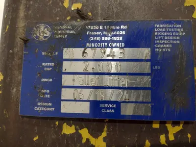 2,000 LB x 42" x 48" NATIONAL IND PALLET LIFTER CRANE ATTACHEMENT: STOCK #22369