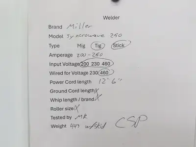 Miller Syncrowave 250 Arc Welding Power Source CC AC/DC Constant Current