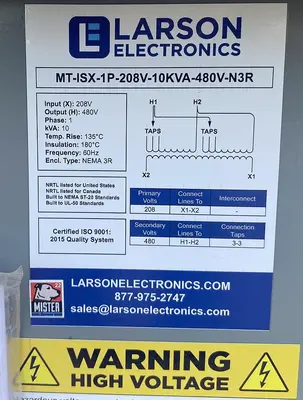 New | in-Stock LARSON MT-ISX-1P-208V-10KVA-480V-N3R Transformers North Carolina US | DH Griffin Used Equipment #1383882