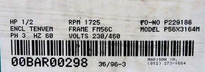 NEW RELIANCE ELECTRIC P56X3164M MOTOR 1/2 HP 1725 RPM 3 PHASE 460V P56X3164M-WY