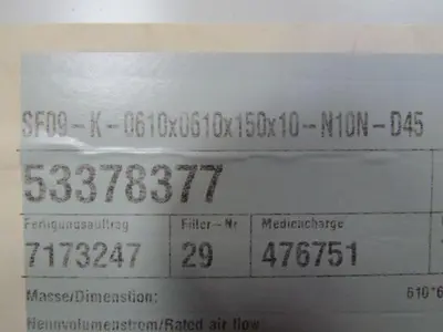 Freudenberg SF09-K-0610X0610X150X10-N10N-D45 24"X24"X6" Fine Dust Filter