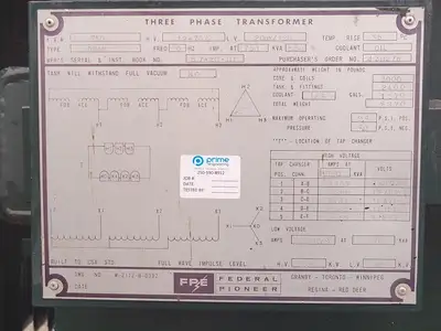 750 kVA Oil-Filled ONAN Transformer 12470 Delta Pri. Volts, 208Y/120 Sec. Volts