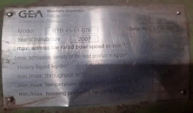 Westfalia RTB 45-51-076 XP solid bowl separator, 316SS.