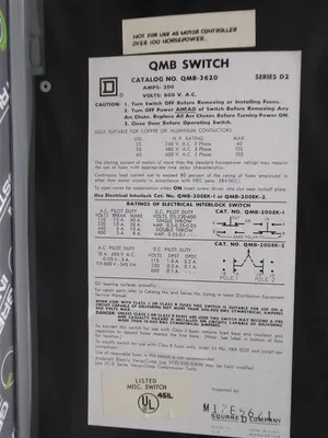 Square D QMB-3620 Fusible Panelboard Branch Switch 200 Amps 600VAC Used