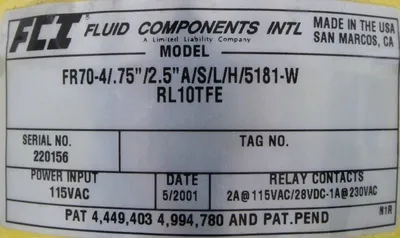 NEW FLUID COMPONENTS FR70-4/.75"/2.5"A/S/L/H/5181-W SWITCH FR7047525ASLH5181W