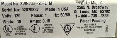 174-0101 Duke SWH700-25FLM Full Service Drop In Pan Hot Case