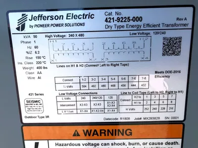 New 50 KVA Single Phase Dry Type Transformer Primary 240 x 480 Secondary 120 / 240 421-9225-000 FREE SHIPPING
