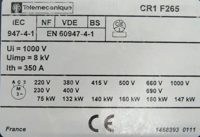 NEW TELEMECANIQUE CR1F265N7 CONTACTOR 054838 ONON 306-4315-06