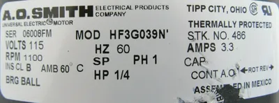 NEW AO SMITH HF3G039N FAN MOTOR 1/4HP 115V 1100RPM 486 1/2" DIA.