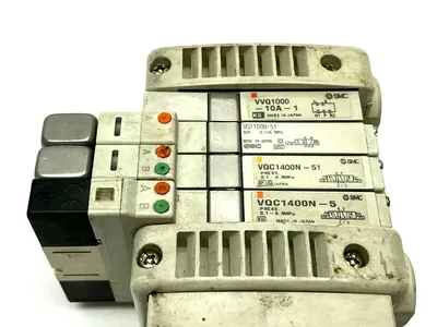 VV5QC11-04N3FD0-S,VVQ1000-10A-1,VQ1100N-51,VQC1400 | SMC VV5QC11-04N3FD0-S Pneumatic Manifold Base w/ Solenoids - Used
