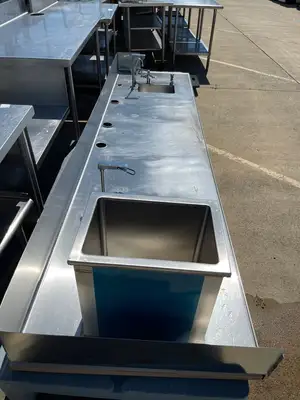 Used Falcon Restaurant Supply Used 136" Stainless Steel Counter with 2 Sink Compartments, Faucets and Ice Bin - SS5 Sinks Illinois US | Falcon Restaurant Supply #1376042