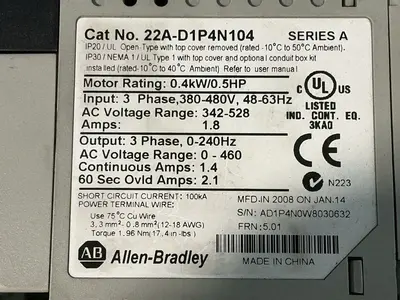 Used 2008 ALLENBRADLEY 22AD1P4N104 Variable Speed Drives Ohio US | HGR 24 #1326064
