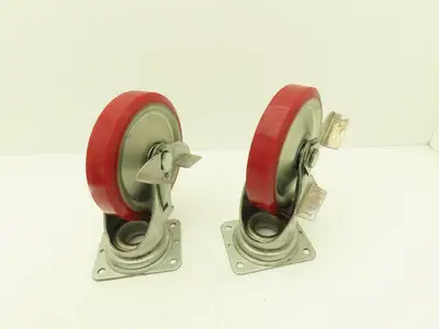 200x42mm 8" Red Polyurethane Swivel Plate Caster Wheel w/Brake J-200S  Lot of 2