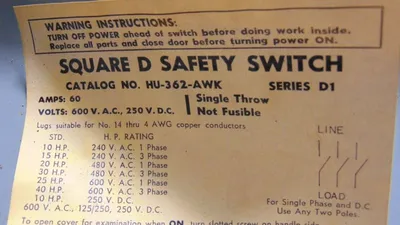 Square D HU362AWK Fusible Safety Switch 60 Amps 600Vac 250Vdc Ser. D1 Used