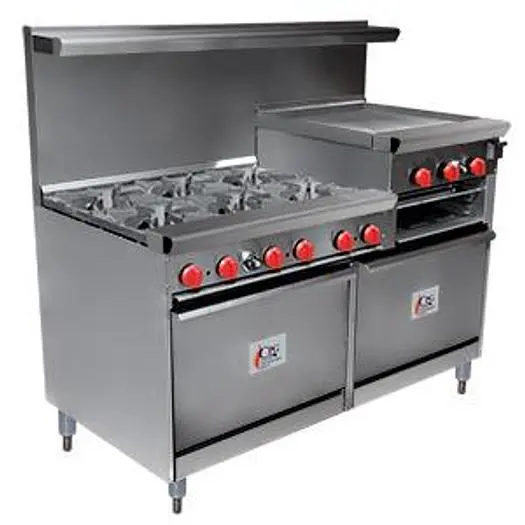 6 BURNER GAS RANGE WITH 24" RAISED GRIDDLE/BROILER AND TWO 26 1/2" STANDARD OVEN