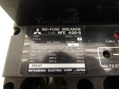 Mitsubishi Electric NFE 400S No Fuse Breaker 400A 3 Pole 600V W/120V Shunt Trip